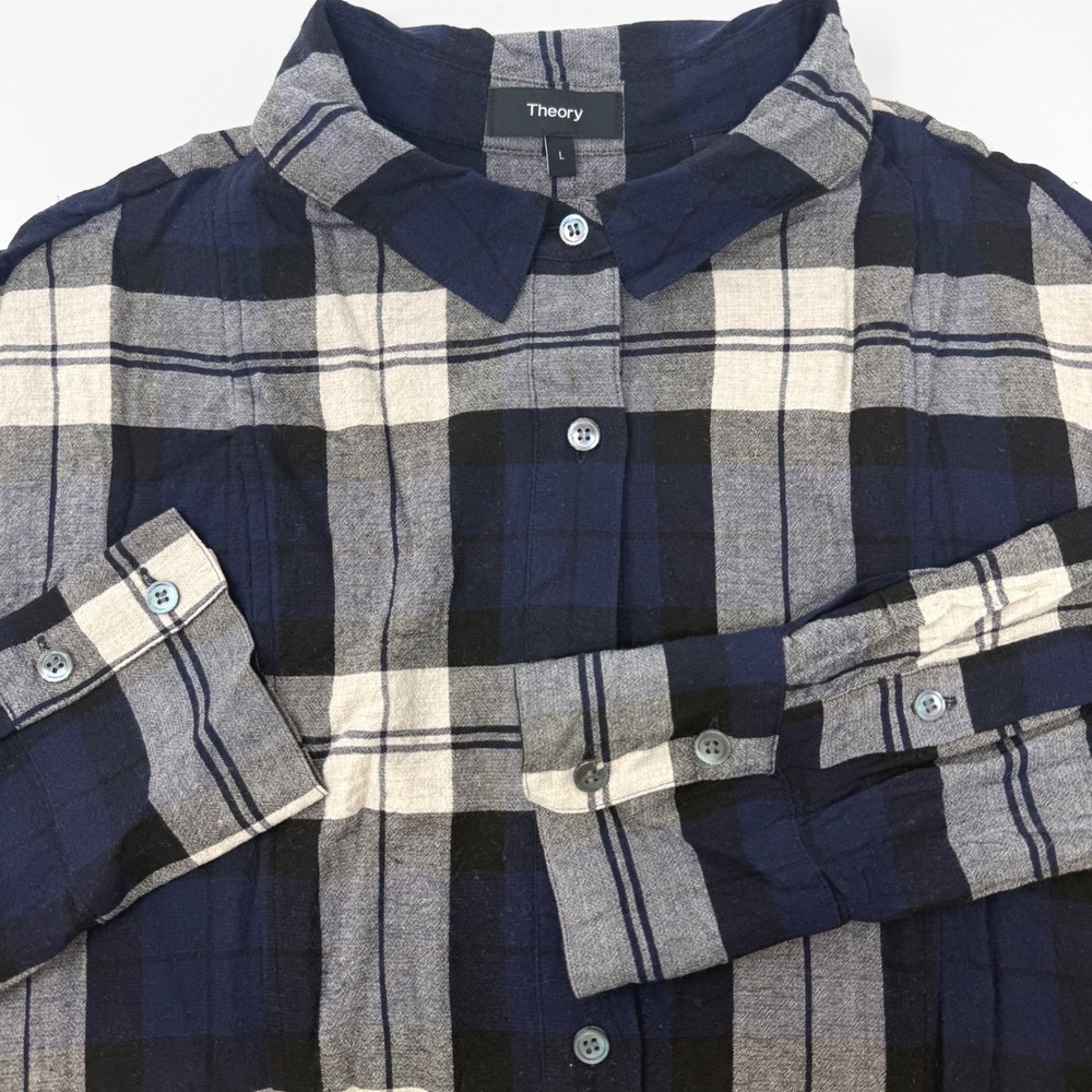 Theory Womens Large Navy Blue‎ Plaid Wool Blend Panel Front Shirtdress Tunic
